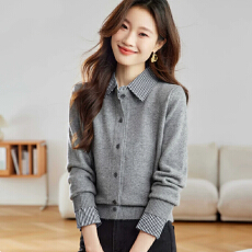 批发衬衫领假两件针织衫<b class='q'>开衫</b><b class='q'>女</b>春秋外穿宽松洋气百搭上衣羊毛衫