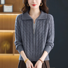 批发翻领麻花<b class='q'>毛衣</b>外套<b class='q'>女</b>短款小个子春秋冬拉链羊毛针织<b class='q'>开衫</b>外搭