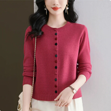 批发春秋新款羊毛衫<b class='q'>女</b>短款针织<b class='q'>开衫</b>薄款上衣彩扣外套圆领洋气<b class='q'>毛衣</b>外搭