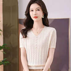 批发桑蚕丝女士t恤短袖2026新款夏季薄款<b class='q'>妈妈</b>装V领半袖上衣冰丝<b class='q'>针织衫</b>