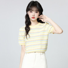 批发黄色条纹针织短袖T恤女2026夏季新款设计感圆领正肩体恤<b class='q'>短款</b>上衣