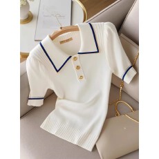 新款2026夏小香风polo领简约撞色边修身冰丝针织衫短袖女