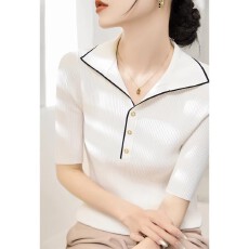 批发高级感夏季套头中袖莱赛尔针织衫薄款polo翻领半开式纽扣上衣女装