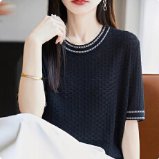 批发时尚镂空短袖t恤女夏季2026新款<b class='q'>打底衫</b>洋气<b class='q'>大码</b>女装冰丝针织上衣