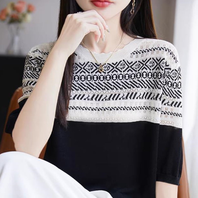 고급 마이크로 지방 mm 여름 드레스 빅 사이즈 얼음 실크 니트 스웨터 여성 반팔 티셔츠 표지 배 자이언트 슬림해 보이는 홀로우 아웃 맨위