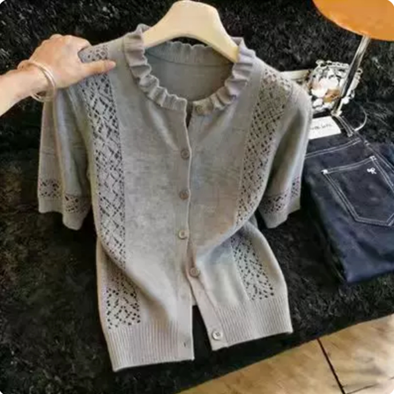 지방 mm 레트로 chic 외국 가스 라운드 넥 반팔 니트 오픈 가디건 여성 여름 새로운 슈퍼 잘 생긴 홀로우 아웃 슬림해 보이는 맨위