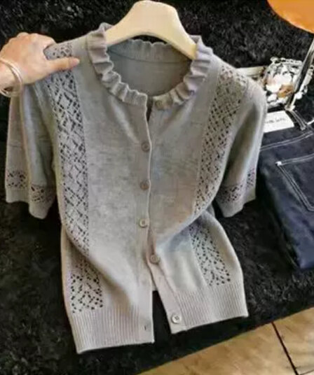 지방 mm 레트로 chic 외국 가스 라운드 넥 반팔 니트 오픈 가디건 여성 여름 새로운 슈퍼 잘 생긴 홀로우 아웃 슬림해 보이는 맨위
