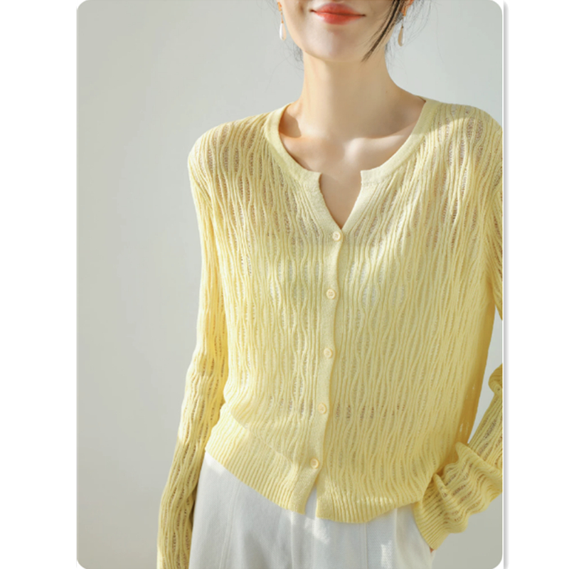 디자인 센스 홀로우 아웃 니트 오픈 가디건 여성 봄 가위 라운드 넥 주간 실크 아마 긴팔 맨위 재킷 블라우스 황색