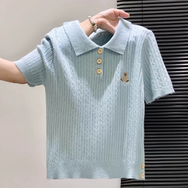 POLO 칼라 니트 반팔 티셔츠 여성 여름 프랑스식 쇼트 스타일 몸매 가꾸기 파란색 긍정적 인 어깨 자수 맨위