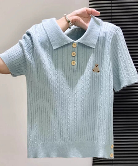 POLO 칼라 니트 반팔 티셔츠 여성 여름 프랑스식 쇼트 스타일 몸매 가꾸기 파란색 긍정적 인 어깨 자수 맨위