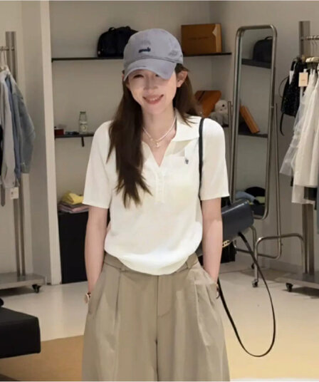 오래된 돈 바람 POLO 칼라 반팔 얼음 실크 니트 스웨터 여성 2026 여름 새로운 캐주얼 자이언트 잘 생긴 느긋한 바람 맨위