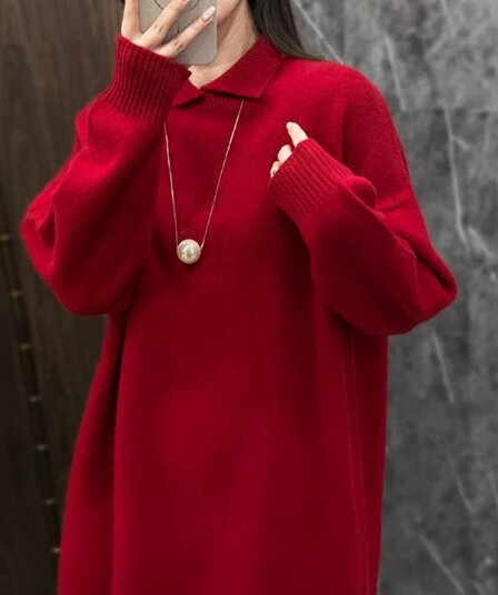 폴로 칼라 빨간색 카디건 여자 중간 롱 코트 두꺼운 루즈핏 느긋한 바람 양모 큰 스웨터 표지 엉덩이