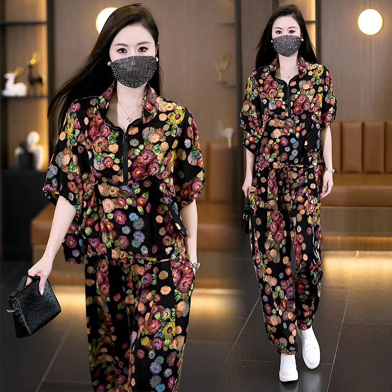 실사 2026 외국 가스 빅 사이즈 여성 의류 세트 지방 mm 프린트 패션 루즈핏 슬림해 보이는 하렘 바지 투피스 세트