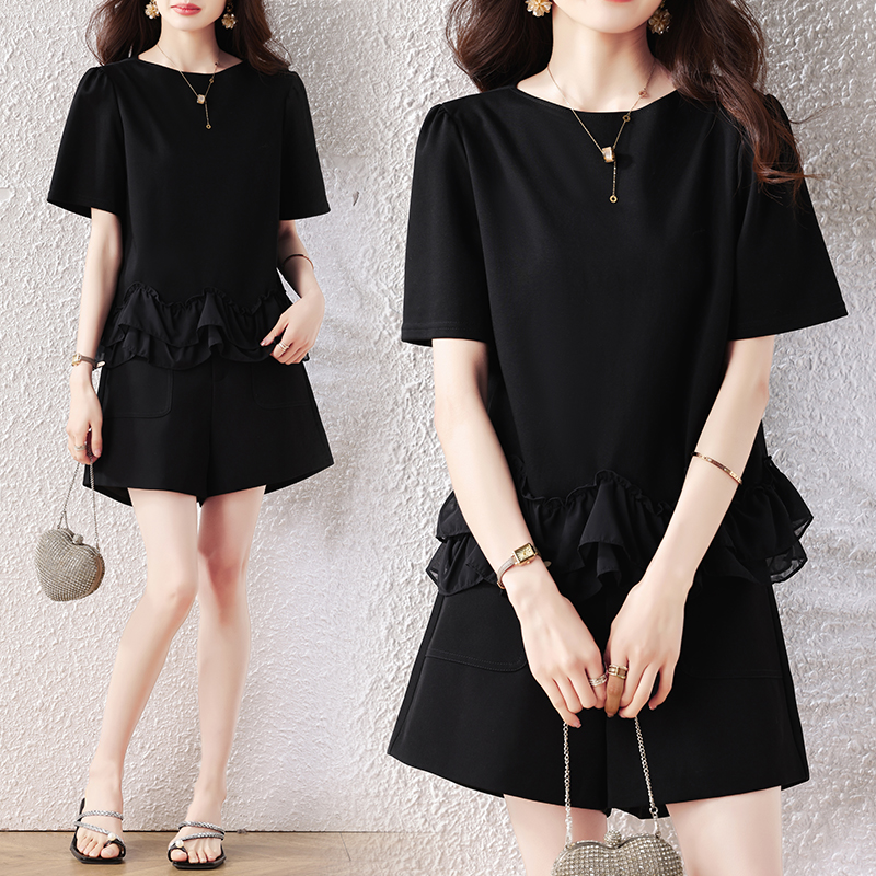 RY2567# 实拍大码女装2026夏新款宽松遮肚荷叶边T恤圆领短袖显瘦打底上衣