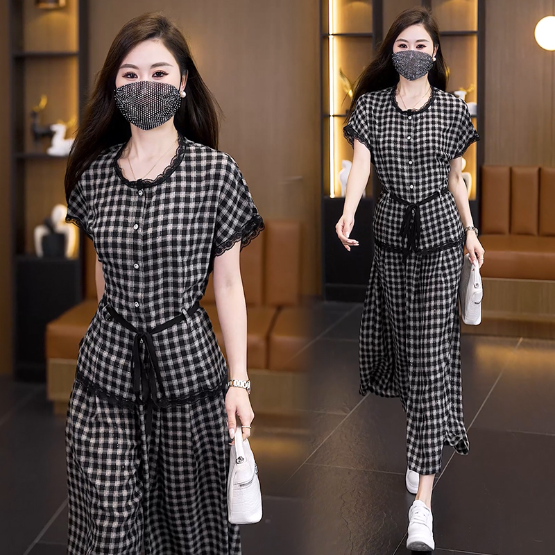 RY2565# 实拍大码套装女夏2026蕾丝边短袖上衣+高腰阔腿裤宽松遮肚...