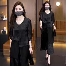 批发实拍<b class='q'>大码</b>女装2026夏季新款黑色衬衫阔腿裤两件套遮肉显瘦气质套装