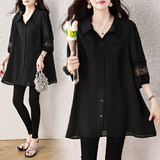 批发实拍<b class='q'>大码</b>女装雪纺衬衫女2026夏季中长款遮肚子显瘦蕾丝拼接上衣