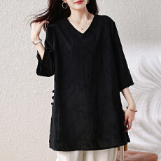 批发实拍2026夏装新款中式盘扣上衣大码胖mm宽松显瘦中长款雪纺衫