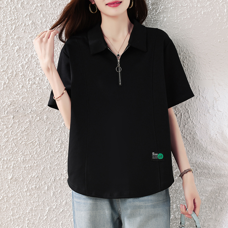실사 빅 사이즈 여성 의류 POLO 셔츠 2026 여름 드레스 새로운 루즈핏 표지 배 슬림해 보이는 하프 지퍼 검정색 티셔츠 맨위