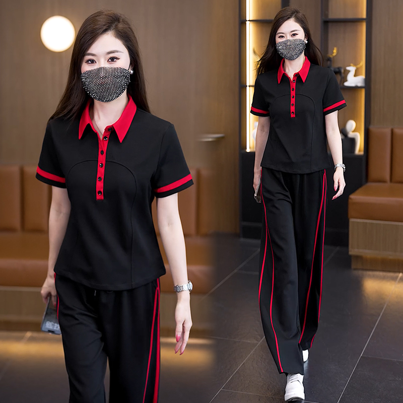 실사 2026 새로운 배색 POLO 칼라 캐주얼 세트 여성 여름 연령 감소 슬림해 보이는 와이드 레그 팬츠 운동 투피스 세트