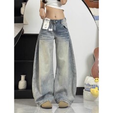 批发复古美式弯刀大码牛仔裤女<b class='q'>秋</b>季胖mm梨形身材低腰显瘦直筒阔腿裤子