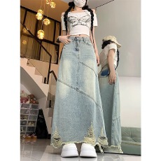 批发复古破洞大码牛仔半身裙女秋<b class='q'>冬</b>季高腰宽松显瘦中长款包臀a字长裙