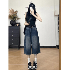 批发2026大码女装蓝色七分牛仔裤女夏季胖mm宽松高腰显瘦直筒阔腿中裤