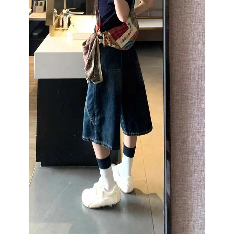 빅 사이즈 레트로 진한 파란색 7 점 데님 반바지 여성 여름 지방 mm 루즈핏 슬림해 보이는 하이웨이스트 스트레이트 넓은 다리 바지