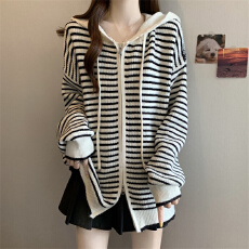 批发<b class='q'>北极</b><b class='q'>绒</b>腈纶35%锦纶40%PBT25%连帽条纹针织衫毛衣外套秋季上衣