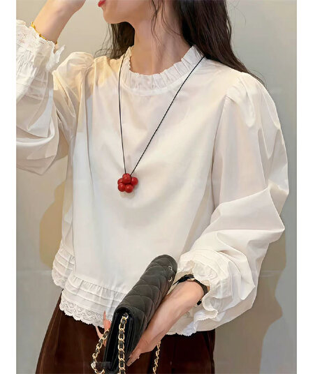봄 연령 감소 품격 레이스 레이스 라운드 넥 셔츠 루즈핏 어린 소녀 잘 생긴 긴팔 맨위