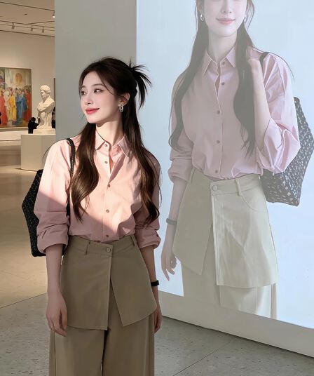 품격 세트 핑크색 셔츠 맨위 가져 가라. 와이드 레그 팬츠 세트