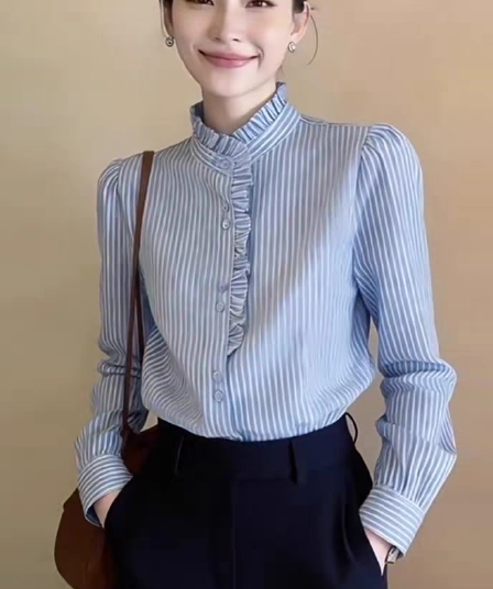 스탠드 칼라 프릴 파란색 스트라이프 셔츠 여성 봄 2026 새로운 부드러운 바람 다용도 셔츠