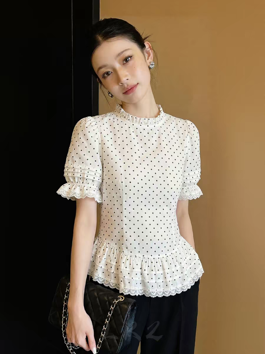 여름 정원 칼라 외국 가스 화이트 레이스 레이스 도트 무늬 반팔 여성 셔츠 새로운 프랑스식 거품 소매 맨위