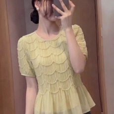 批发设计感褶皱<b class='q'>短袖</b>雪纺<b class='q'>女</b>夏季2026大码胖妹妹显瘦短款上衣