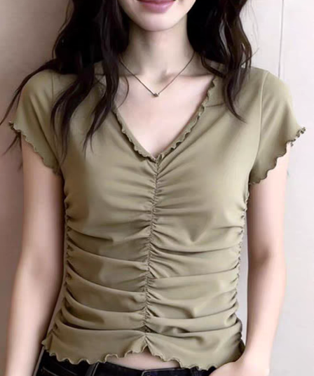 빛 요리 한 핫걸 바람 올리브 그린 주름 티셔츠 2026 여름 새로운 허리 수축 펌프 Pleat 디자인 센스 품격 맨위