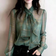 批发欧货高端定制绿色格子大码上衣女2026夏季新款复古风雅致系带