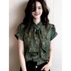 批发欧货高端定制绿色格子大码上衣女2026夏季新款复古风雅致系带短袖