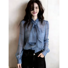 批发欧货高端定制蓝色格子大码上衣女2026夏季新款微透舒适感大方衬衣