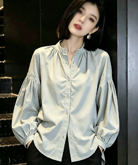 프랑스식 스탠드 칼라 벌룬 소매 Chic 루즈핏 캐주얼 느긋한 순면 맨위 봄 가을 셔츠
