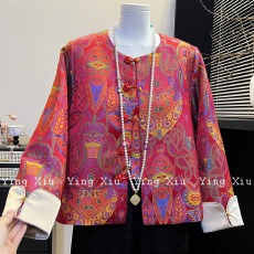 批发妈妈装<b class='q'>新中式</b>国风红色盘扣<b class='q'>外套</b>春季新款2026复古宽松提花高贵开衫