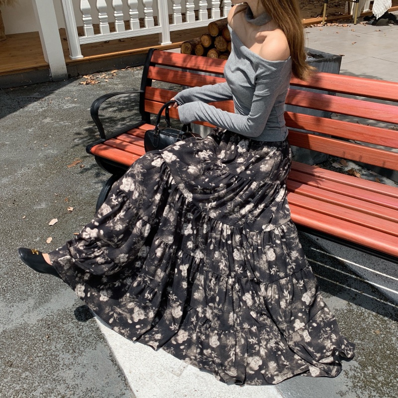MY13232# 港风淑女印花半身裙多层拼接A字大摆半身长裙子女裝貨源服裝批發
