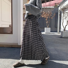 批发模特<b class='q'>实拍</b>格子百褶A字裙长款显瘦显高压褶裙简约格子半身裙子
