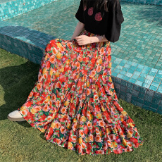 批发模特实拍韩系风印花<b class='q'>雪纺</b>大摆半身长裙复古油墨印花a字长裙子