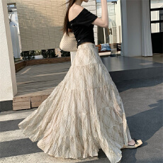 批发实拍春夏小清新格子<b class='q'>雪纺</b>半身裙褶皱大摆A字裙多层拼接长裙