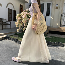 批发模特实拍2026春夏纯色<b class='q'>雪纺</b>百褶裙A字半身长裙子仙女裙<b class='q'>雪纺</b>裙