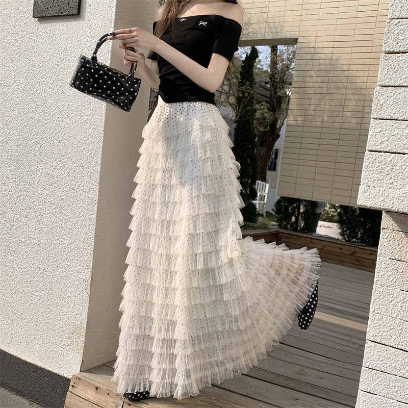 실사 봄 달콤함 퍼프 케이크 반신 스커트 다중 레이어 레이스 패치워크 도트 무늬 망사 롱 스커트 A라인 스커트