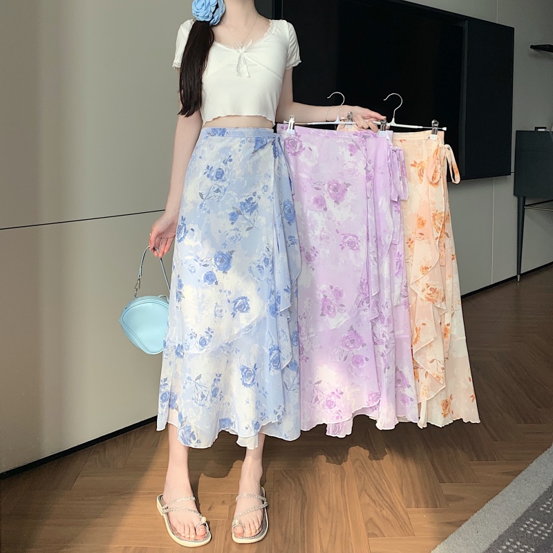 모델 실사 여름 여행 자외선 차단 작은 청신 프릴 쉬폰 반신 스커트 하나 슬라이스 타이트 스커트 앞치마