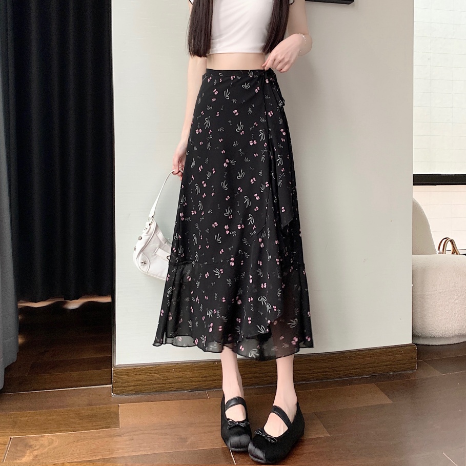 실사 여름 하나 슬라이스 프릴 레이스 쉬폰 반신 스커트 앞치마 자외선 차단 휴가 여행 해변 드레스