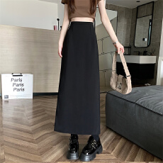 批发模特实拍简约气质黑色西装半身裙高腰包臀长裙子显瘦后开衩裙