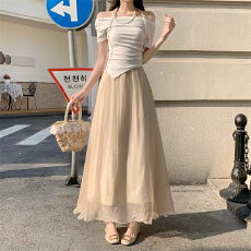 批发实拍百搭温柔风纯色亮丝半身裙轻薄波浪花边欧根纱A字长裙